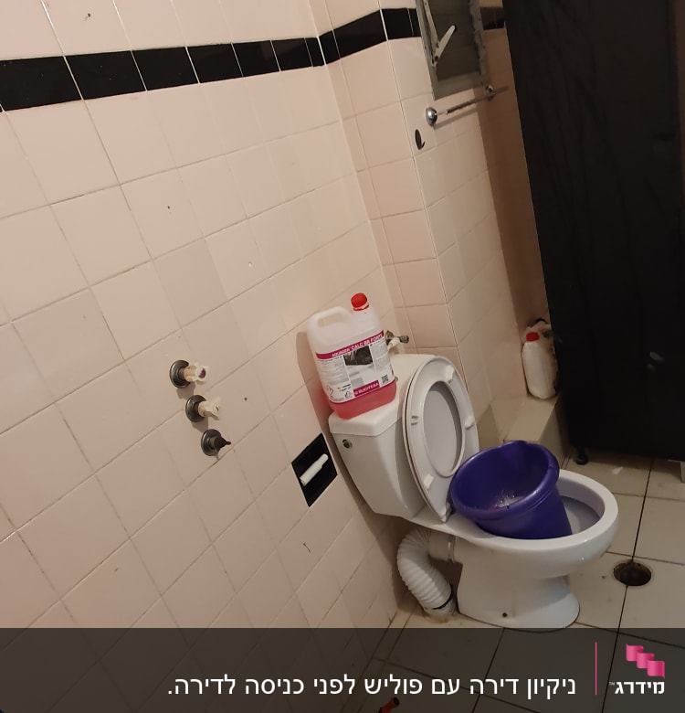 שירותים עם דלי, צינור ומיכל חומר ניקוי